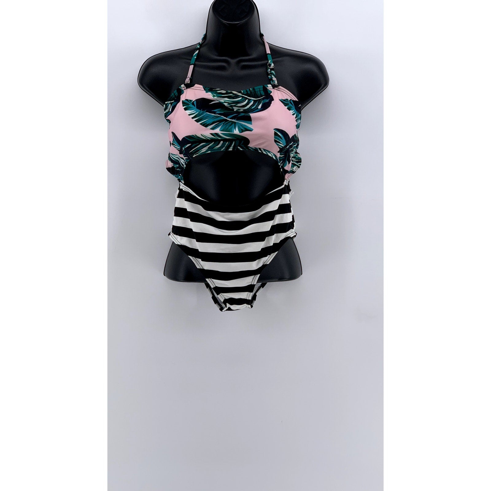 UNBRANDED Women's Multi Striped Tropical Cutout One-Piece Swimsuit SZ S