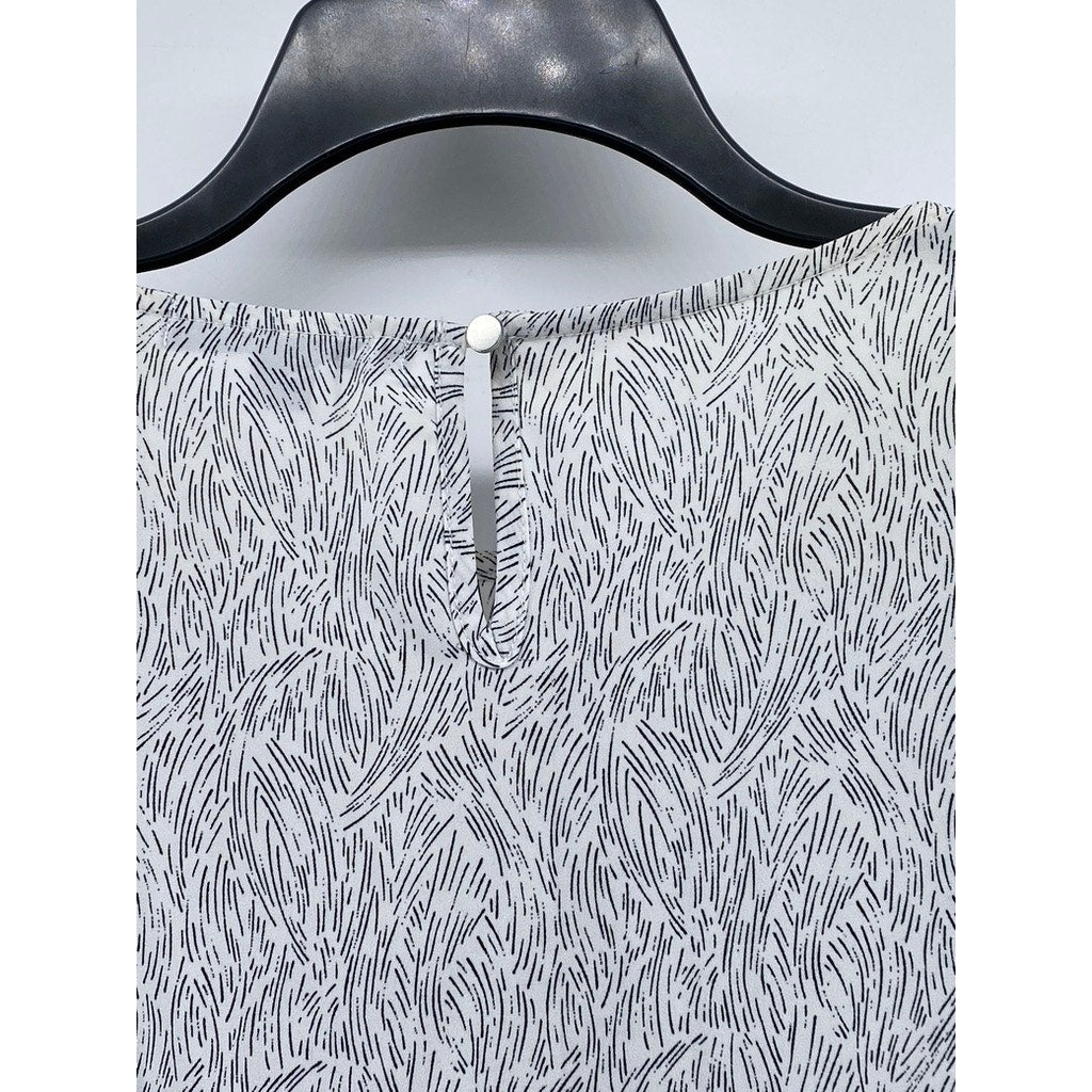 APT. 9 Women's White-Black Printed Crewneck Short Sleeve Ruffle-Hem Top SZ M