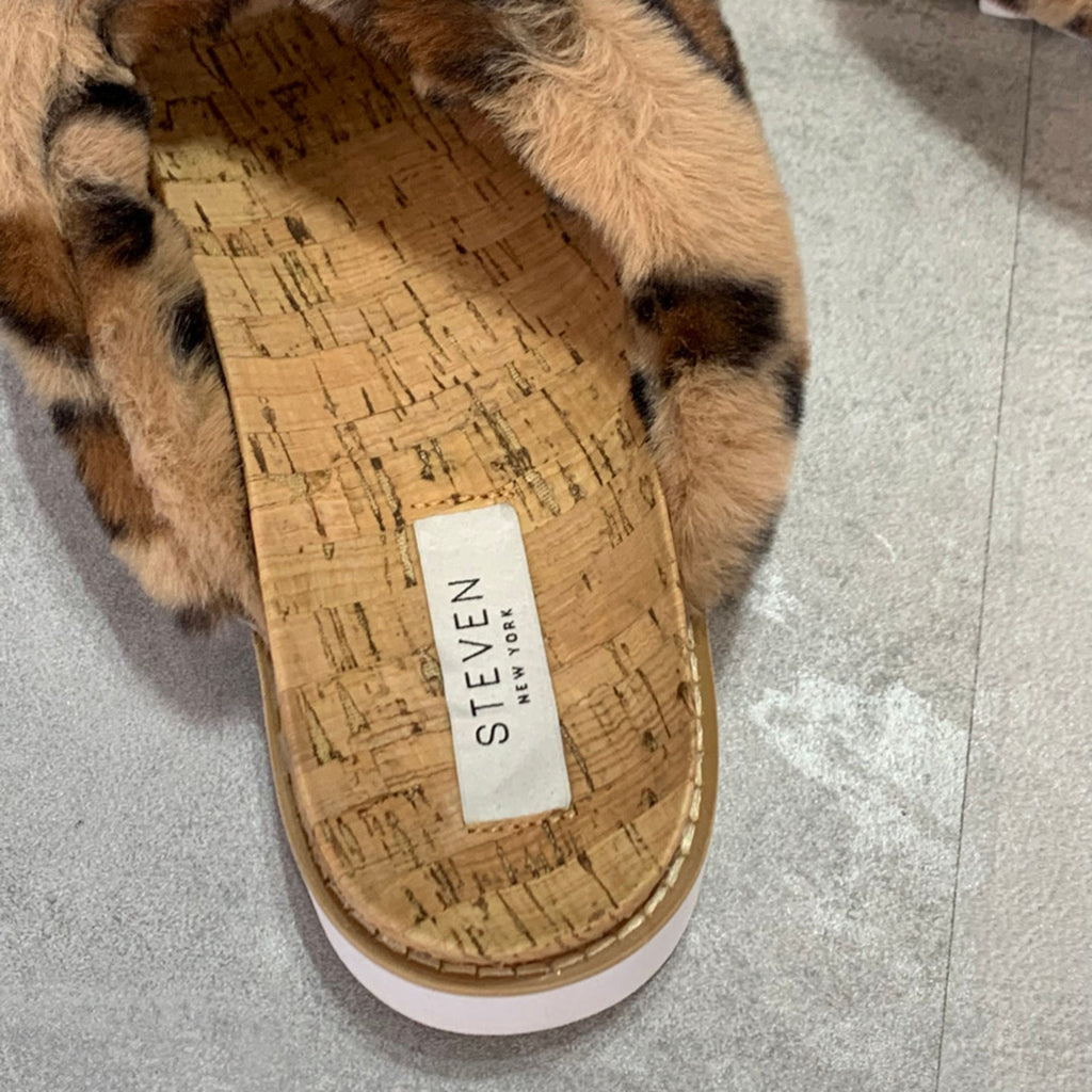 STEVEN NEW YORK Cado Faux Fur Leopard Print Slide Sandal SZ 9