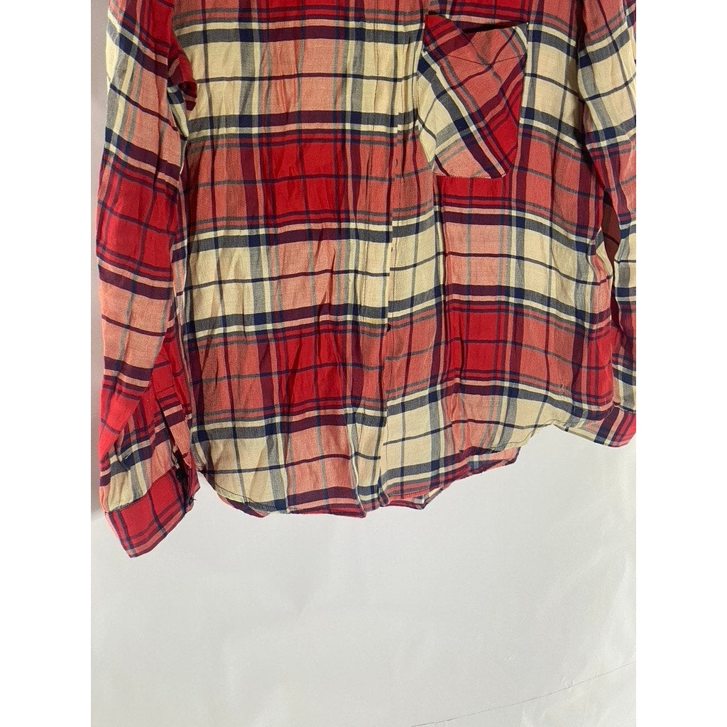 ZARA BASIC Women’s Red Plaid Regular-Fit Button-Up Long Sleeve Top SZ L
