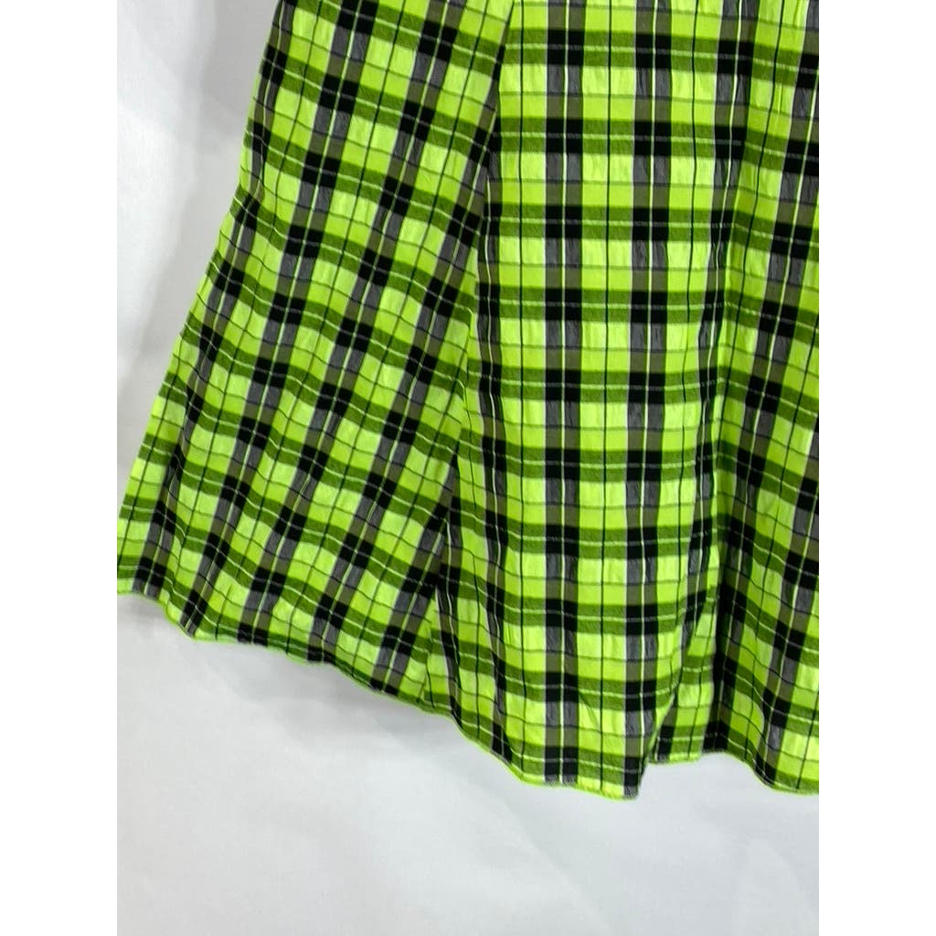 CIDER Women's Black/Green Neon Plaid V-Neck Long Sleeve Mini Dress SZ S(US4)