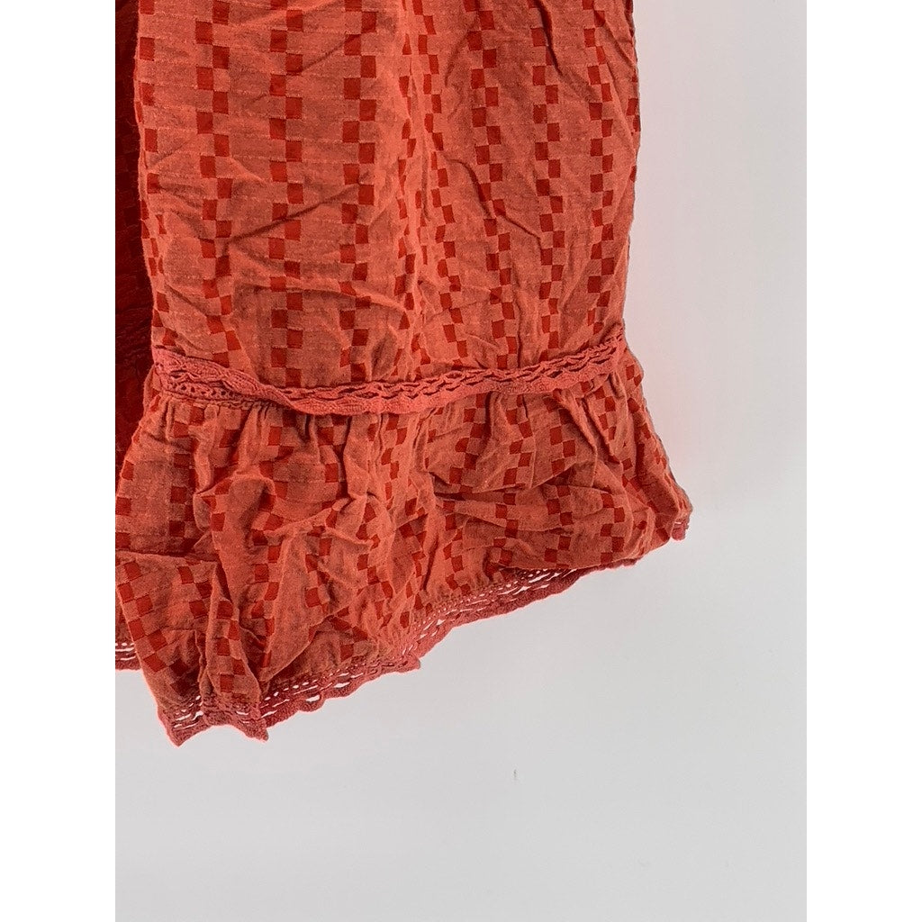 ATTIC SALT Women's Orange Square Print Embroidered Lace-Trim Sleeveless Top SZ S