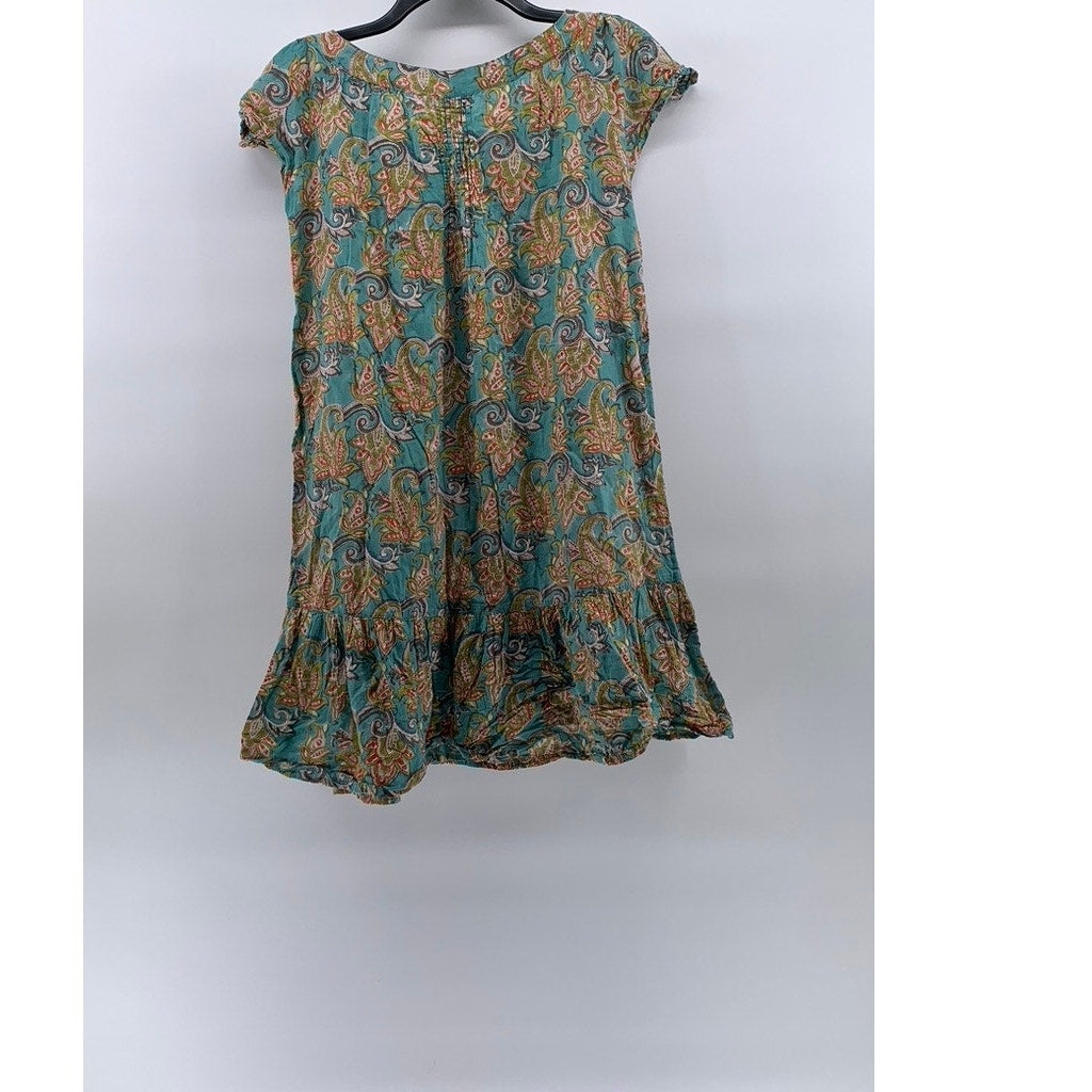 KUNDALINI Women's Green-Tan Printed Henley Short Sleeve Ruffle Hem Dress SZ S