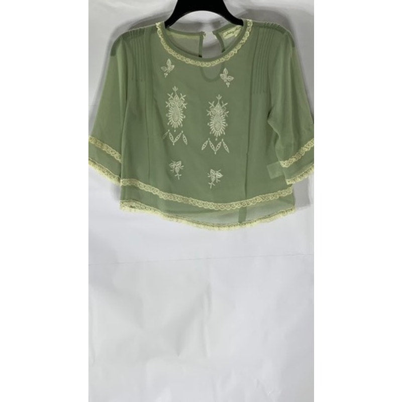 STARING AT STARS Women's Green Embroidered Lace-Trim Sheer Keyhole Top SZ XS