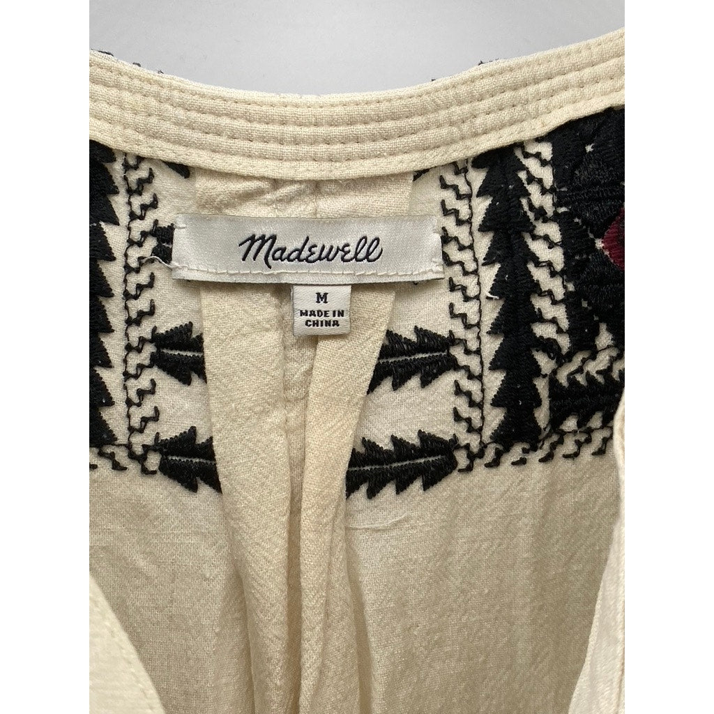 MADEWELL Women's Beige-Black Embroidered Paradise Raw Short Sleeve Dress SZ M