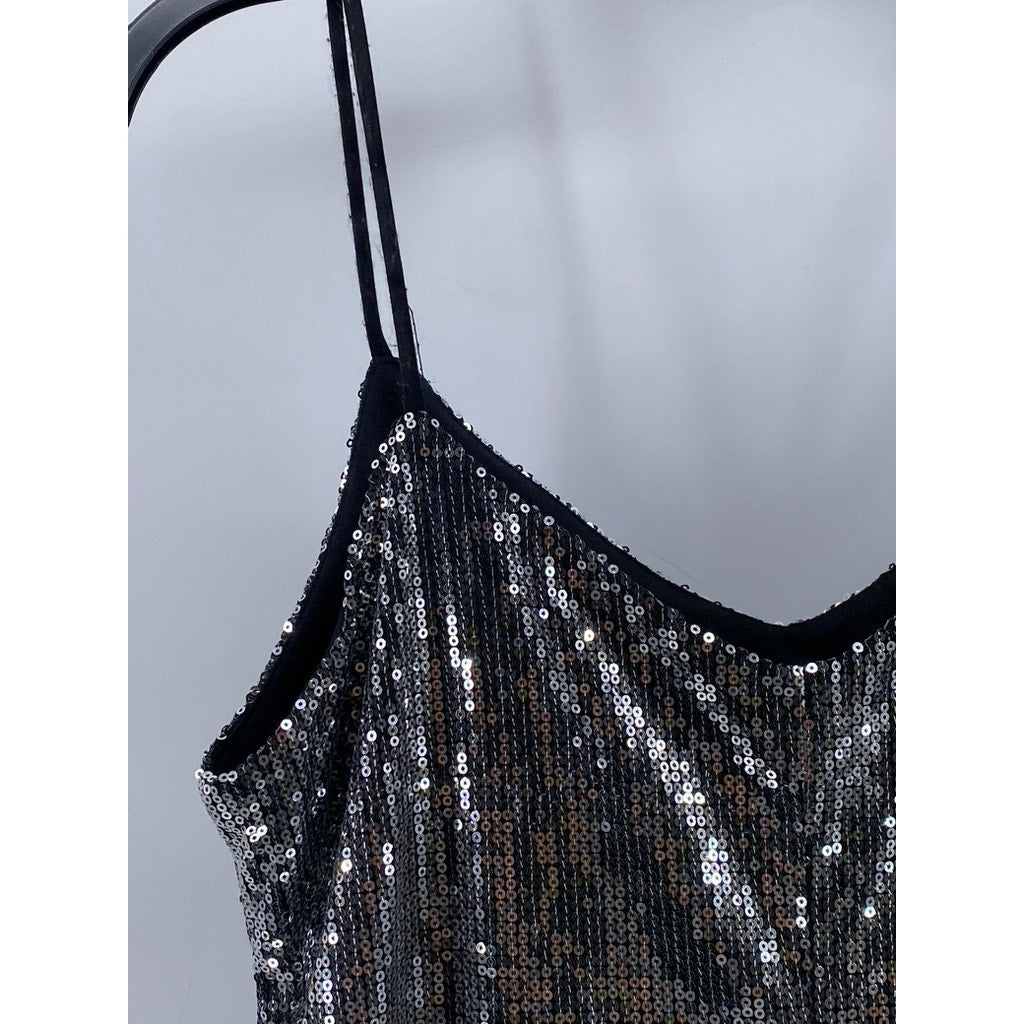 WILD FABLE Women’s Silver Sequin Embellished V-Neck Spaghetti Strap Dress SZ S