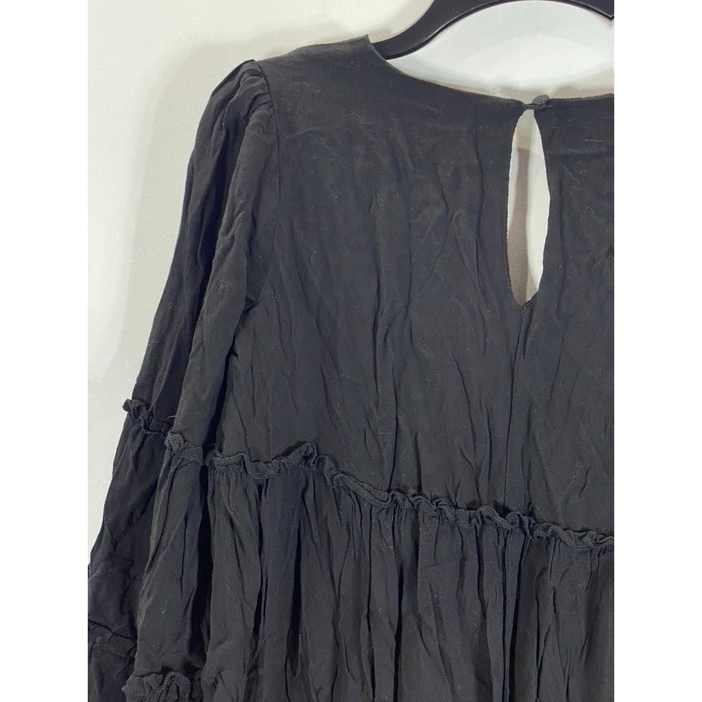 SHOWPO. Women's Black Solid Harriette Tiered V-Neck Long Sleeve Shift Dress SZ 4