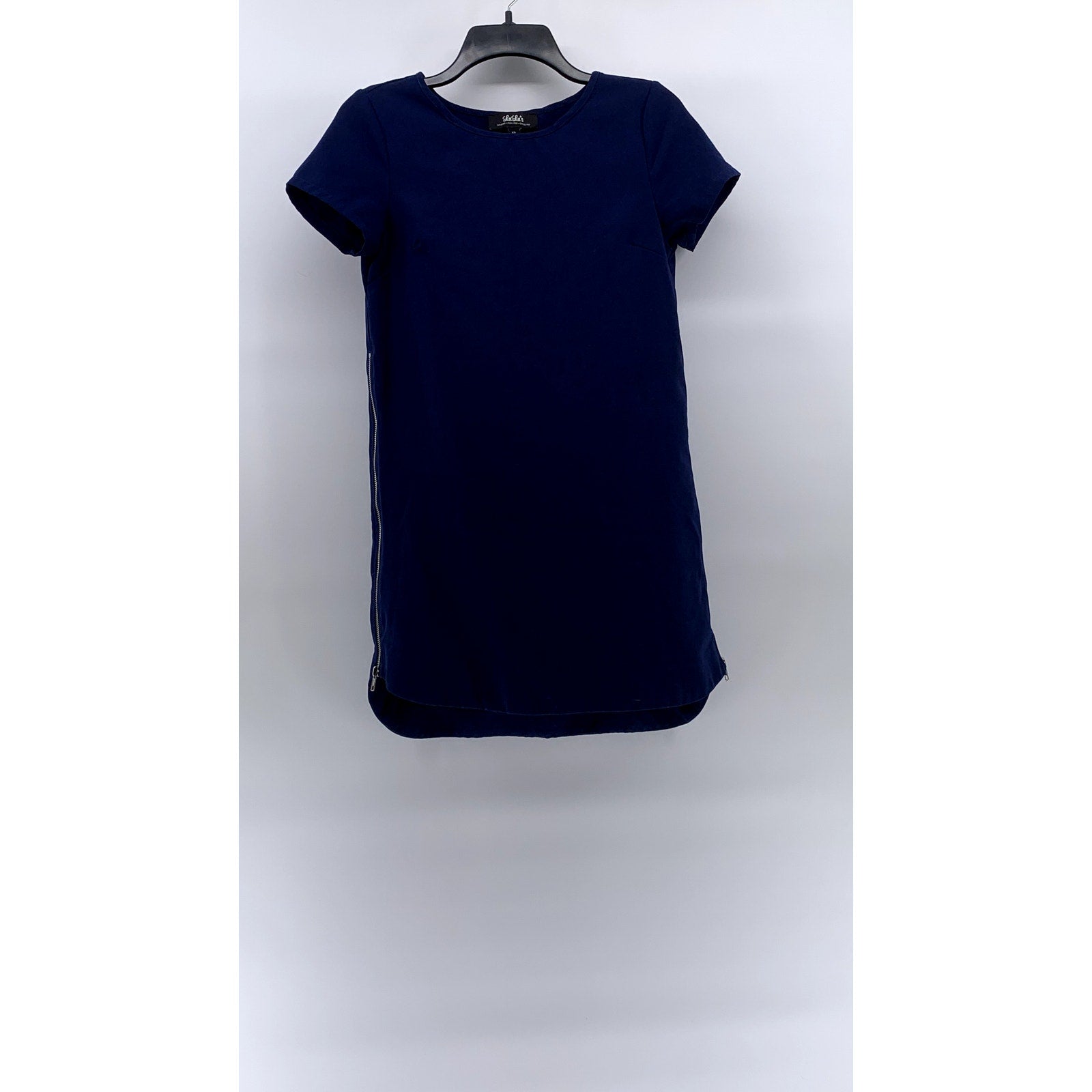 LULU'S Women's Dark Royal Blue Crewneck Short Sleeve Zipper-Hem Shift Dress SZXS