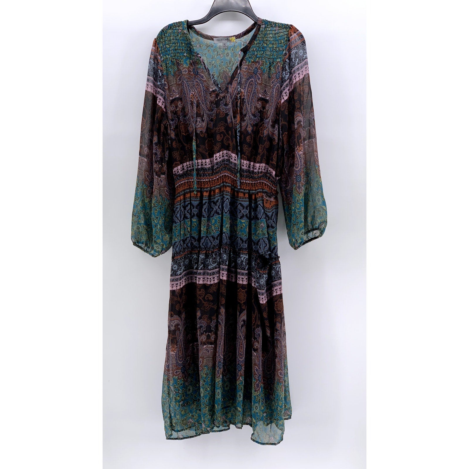 FIGUEROA & FLOWER Women's Black-Multi Print Long Sleeve Tiered Maxi Dress SZ XL
