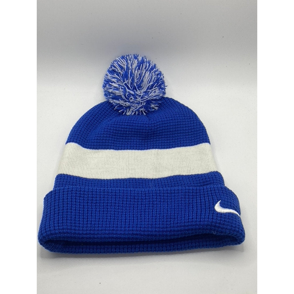 NIKE Unisex Adult Royal Blue-White Striped Swoosh Pom-Pom Beanie SZ OS