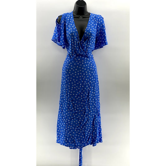 LULUS Women's Royal Blue Floral Short Sleeve Wrap Midi Dress SZ XL