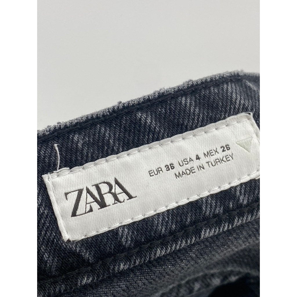 ZARA Women's Black Denim Distressed High-Rise Wide-Leg Regular-Fit Jeans SZ 4