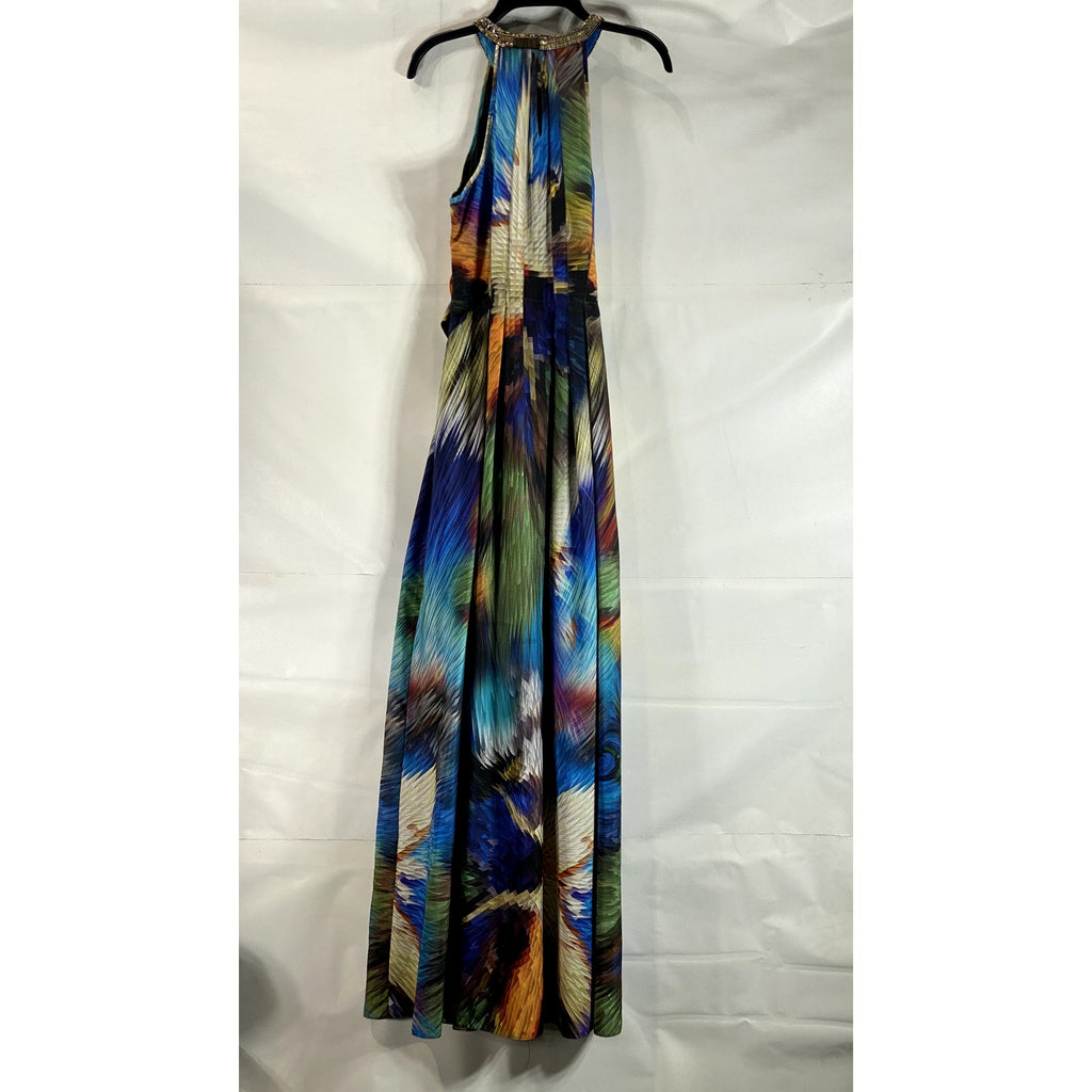 RANNA GILL Women's Blue Multi Tropical Tie-Waist Embellished Halter Dress SZ S