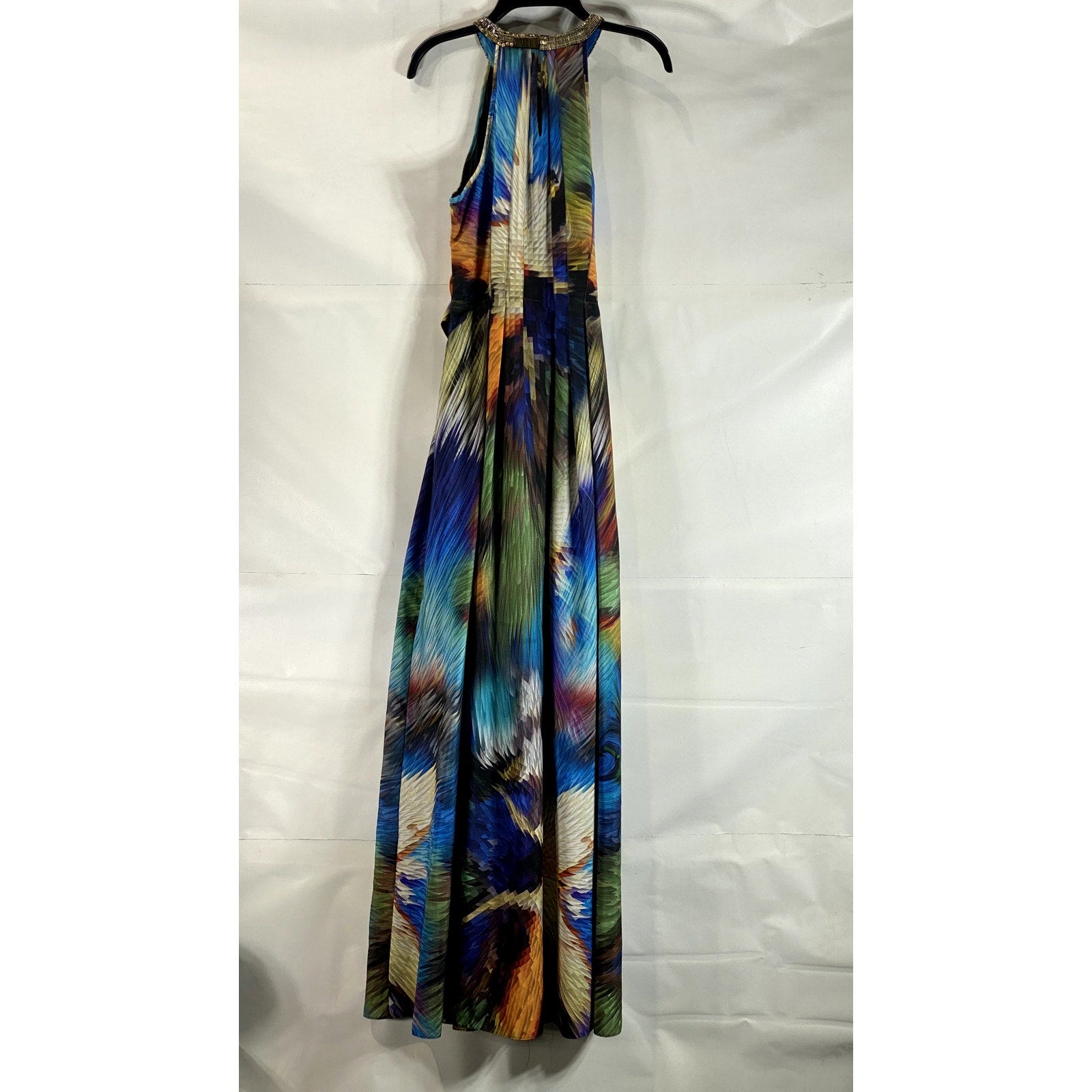RANNA GILL Women's Blue Multi Tropical Tie-Waist Embellished Halter Dress SZ S