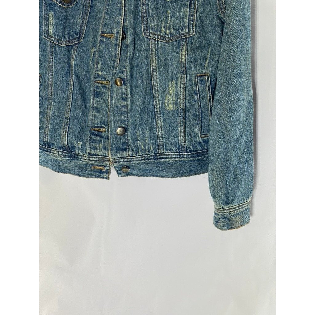 FOREVER 21 Women's Blue Denim Custom Studded Distressed Button-Up Jacket SZ S
