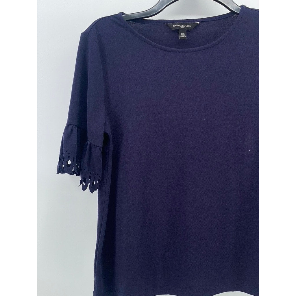 BANANA REPUBLIC Women's Dark Navy Crewneck Short Lazer-Cut Sleeve Top SZ XS