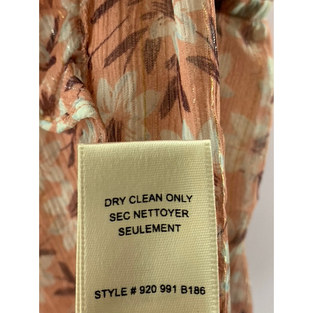 REBECCA TAYLOR Women's Peach Floral Metallic V-Neck Ruffle Short Sleeve Top SZ 2