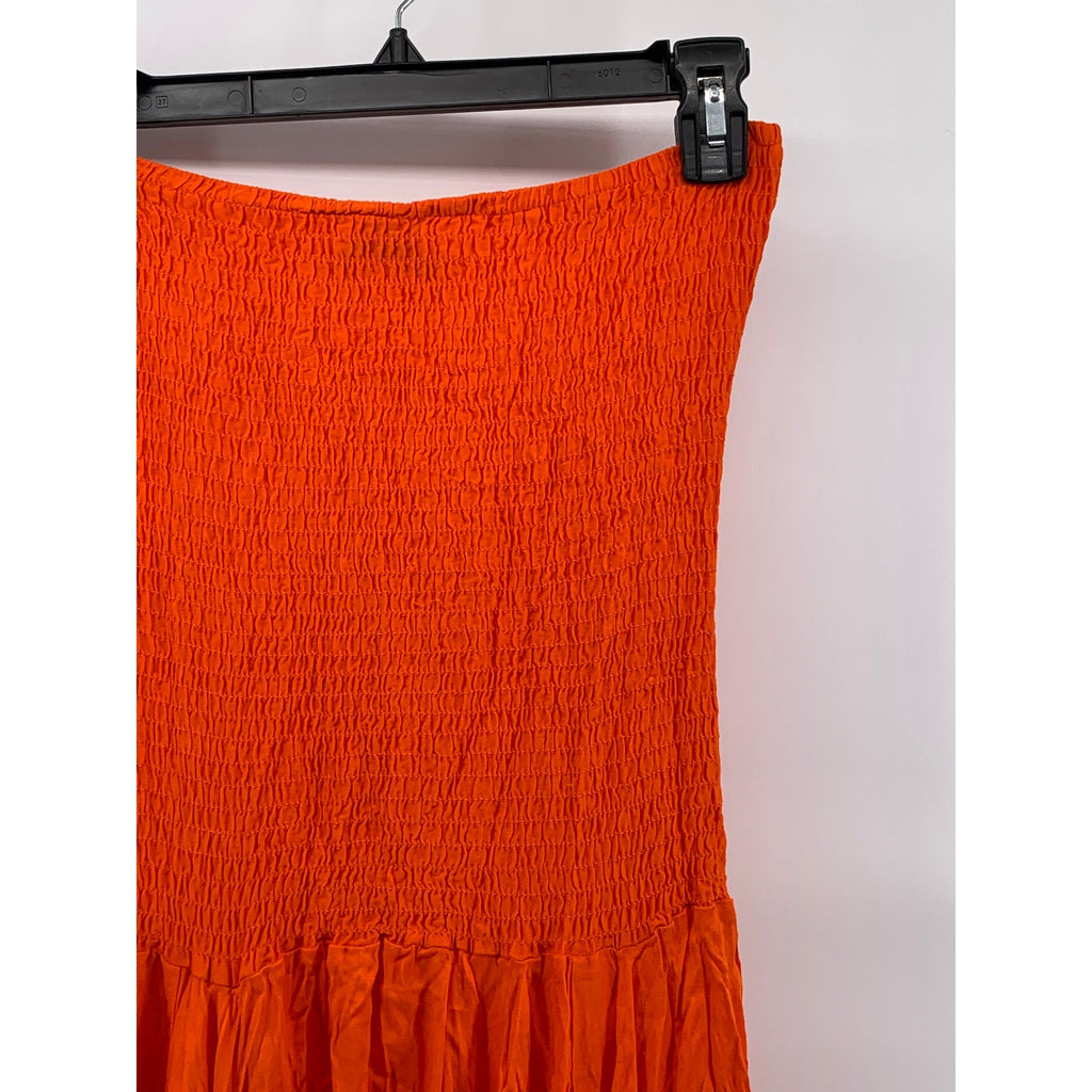 ECOTE Women's Orange Y2K Strapless Handkerchief Hem Smocked Midi Dress SZ M