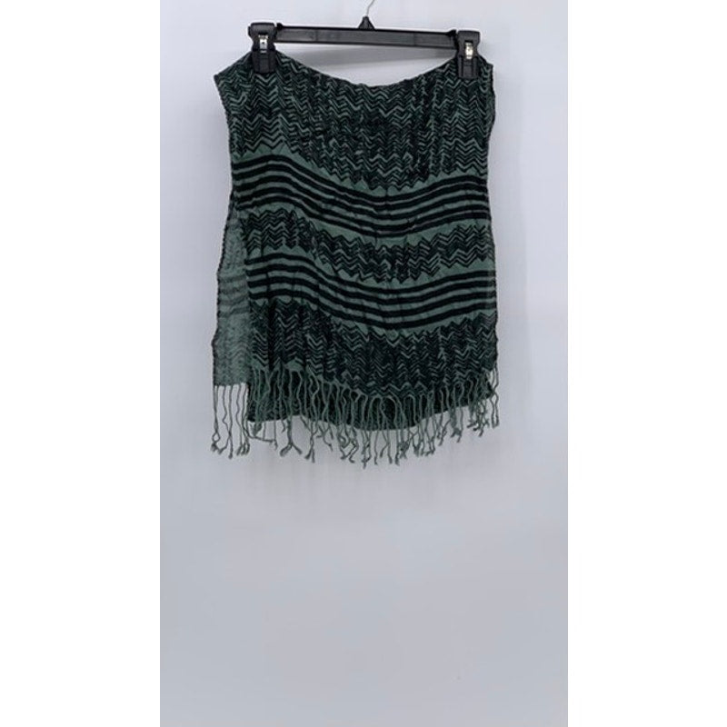 UNBRANDED Women's Black-Green Herringbone-Striped Fringe Knit Scarf