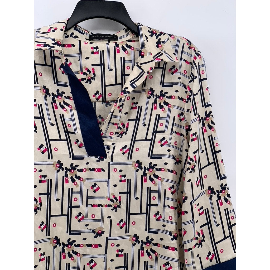 PURIFICACION GARCIA Women's Beige-Navy Printed Split-Neck Blouse SZ 38(US-S)