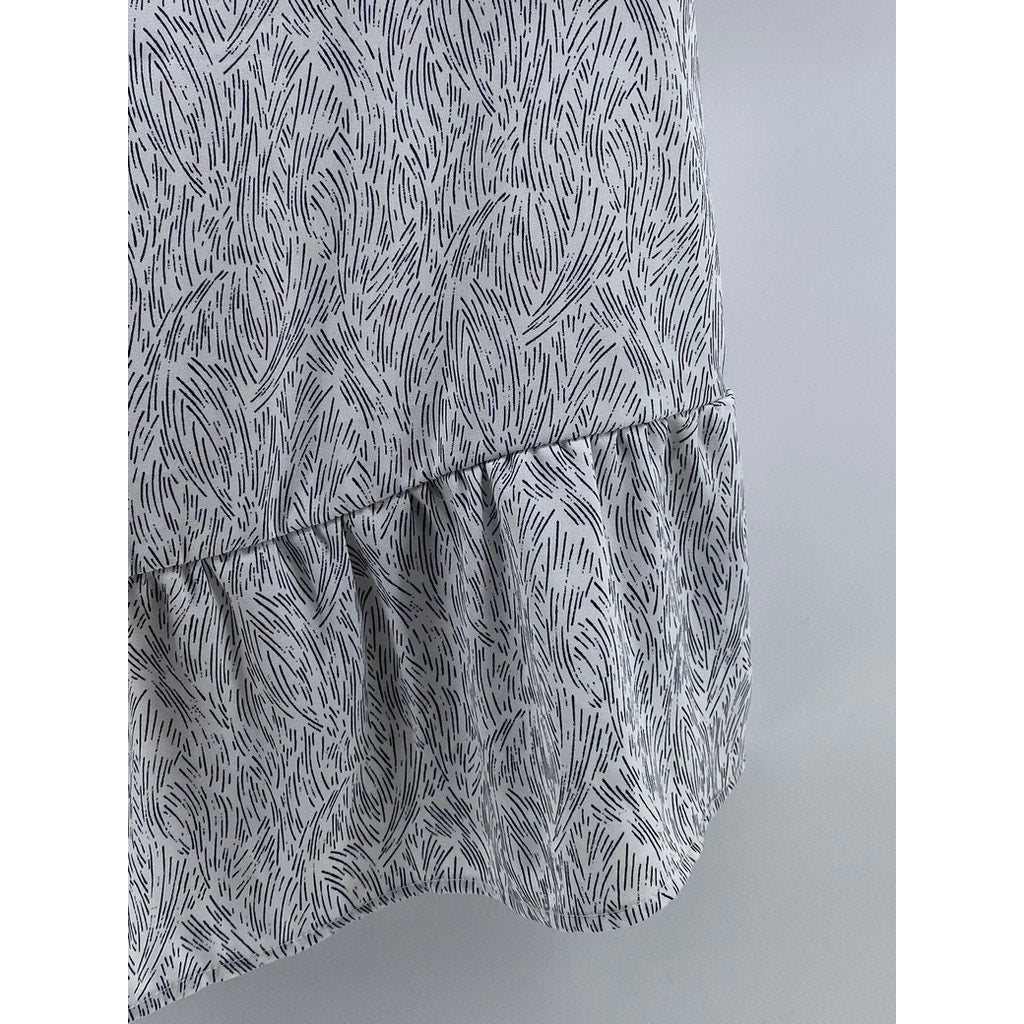 APT. 9 Women's White-Black Printed Crewneck Short Sleeve Ruffle-Hem Top SZ M