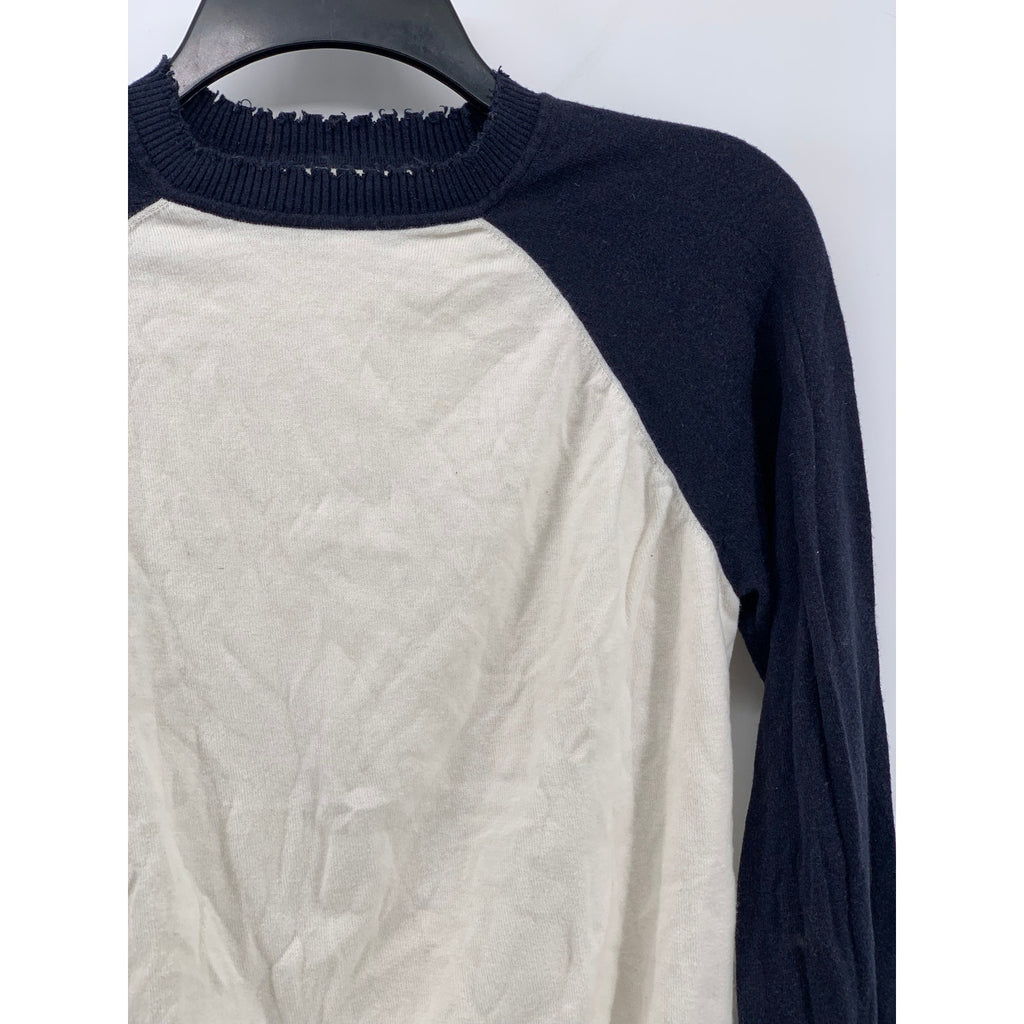 MINNIEROSE Women's White-Navy Color-Block Distressed Knit Pullover Sweater SZ S
