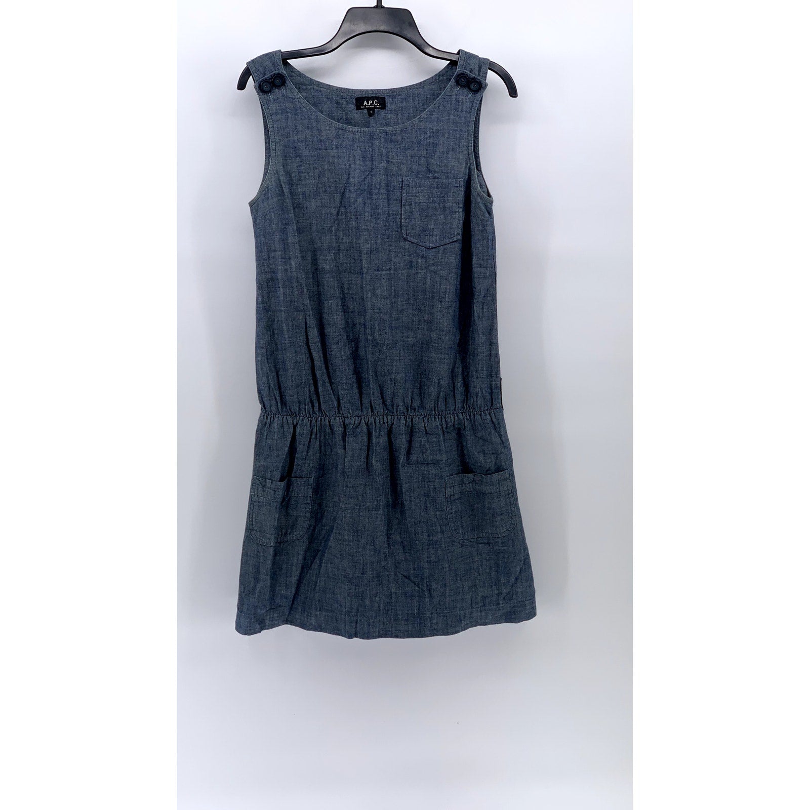 A.P.C. Women's Blue Chambray Crewneck Sleeveless Ruffle-Hem Knee Dress SZ S
