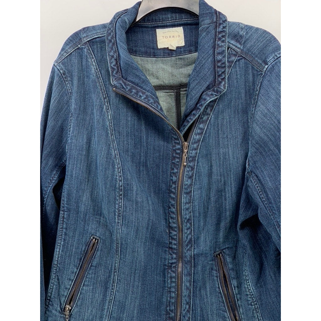 TORRID Women's Blue Denim Zip-Up Long Sleeve Moto Grunge Jacket SZ 3