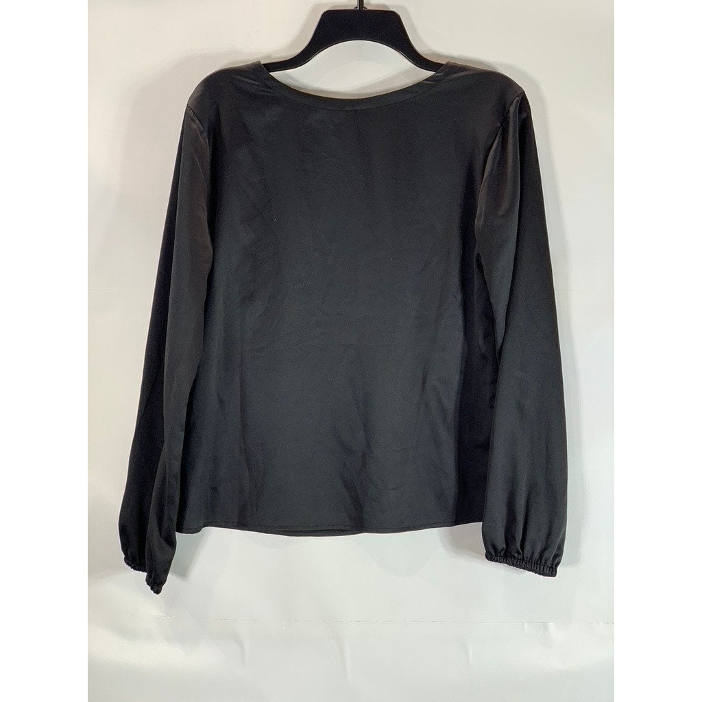 NORDSTROM Women's Black Solid Button Scoop-Neck Long Sleeve Top SZ XS