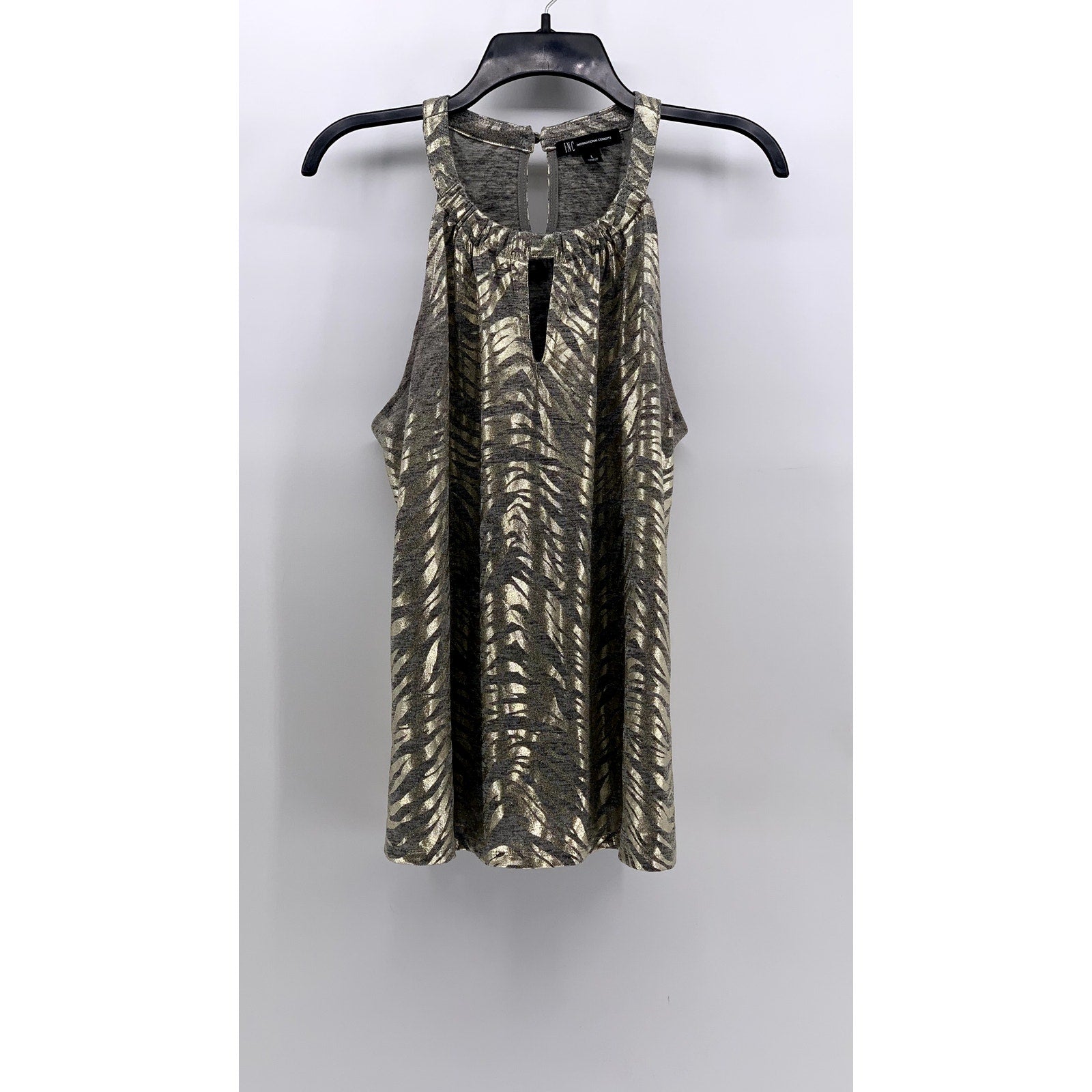 INC INTERNATIONAL CONCEPTS Women's Gray-Gold Metallic Animal Print Top SZ L