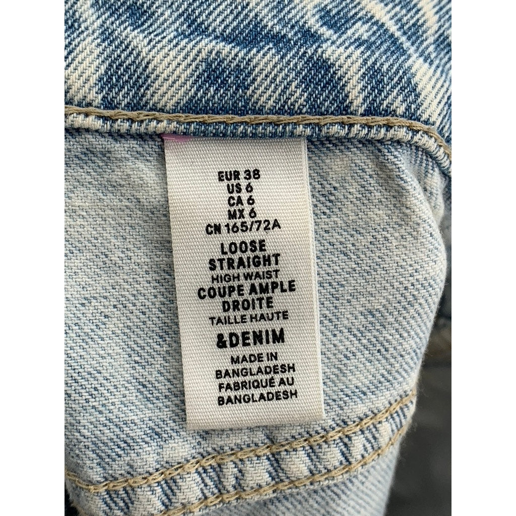 &DENIM Women's Light Blue Distressed High-Rise Loose Fit Straight Leg Jeans SZ 6