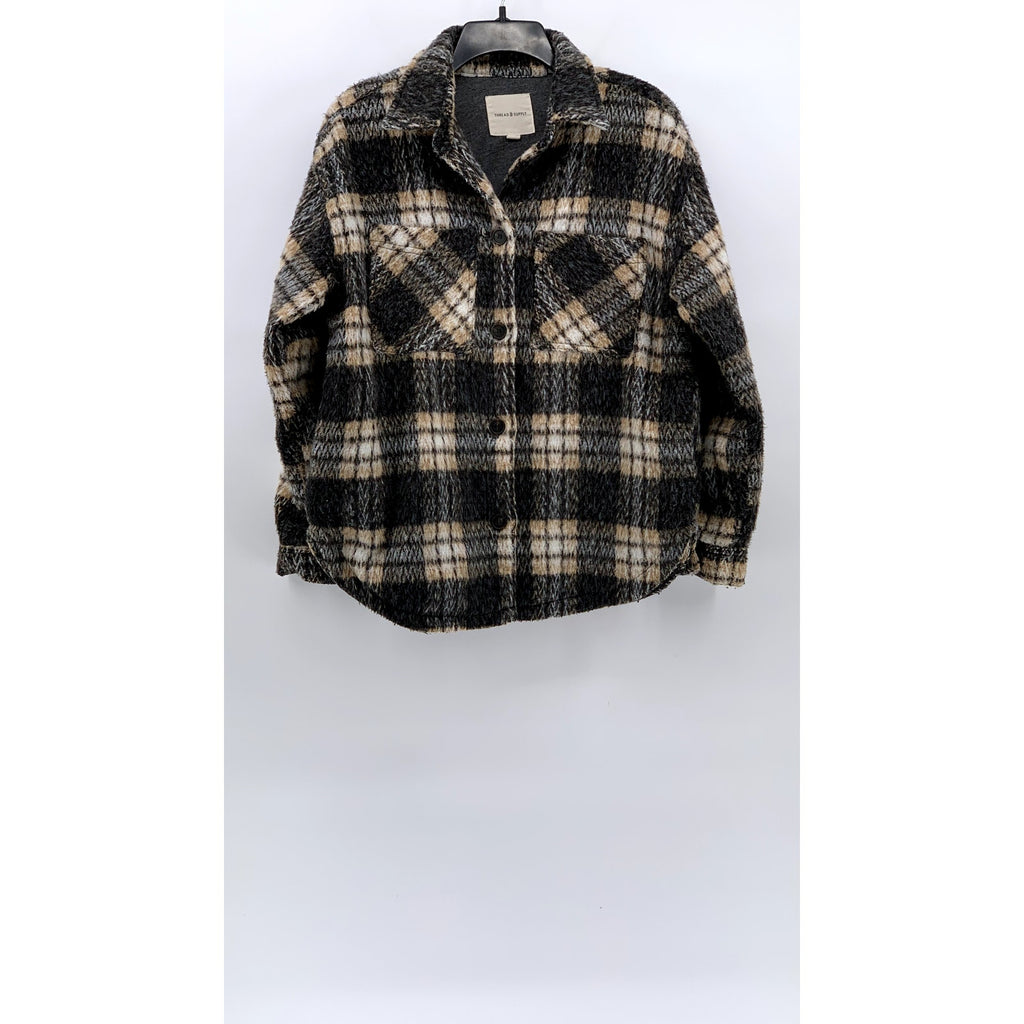 THREAD & SUPPLY Women’s Tan-Black Plaid Flannel Button-Up Shirt Jacket SZ S
