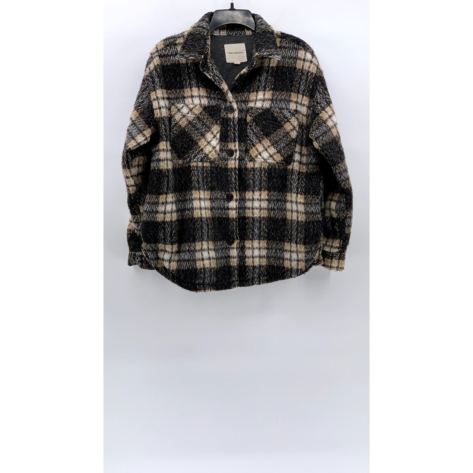 THREAD & SUPPLY Women’s Tan-Black Plaid Flannel Button-Up Shirt Jacket SZ S