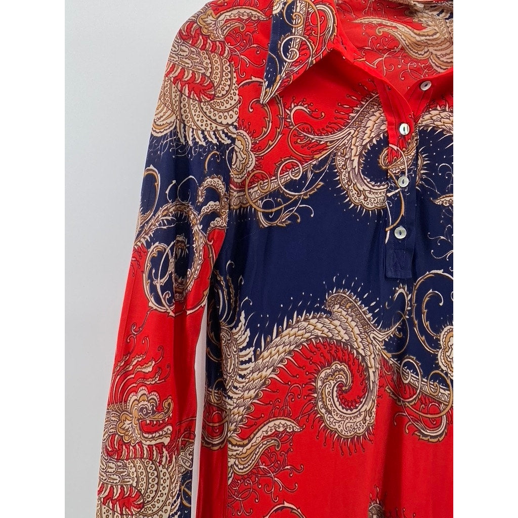RICHARD SHOPS Women's Red-Navy Dragon Print Henley Long Sleeve Maxi Dress SZ 14