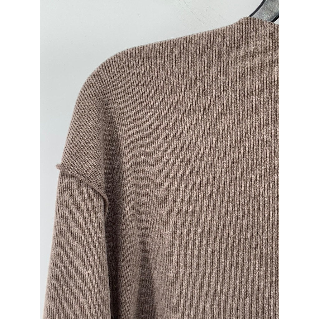 UNBRANDED Women's Brown Ribbed Boat-Neck Long Sleeve Top SZ M