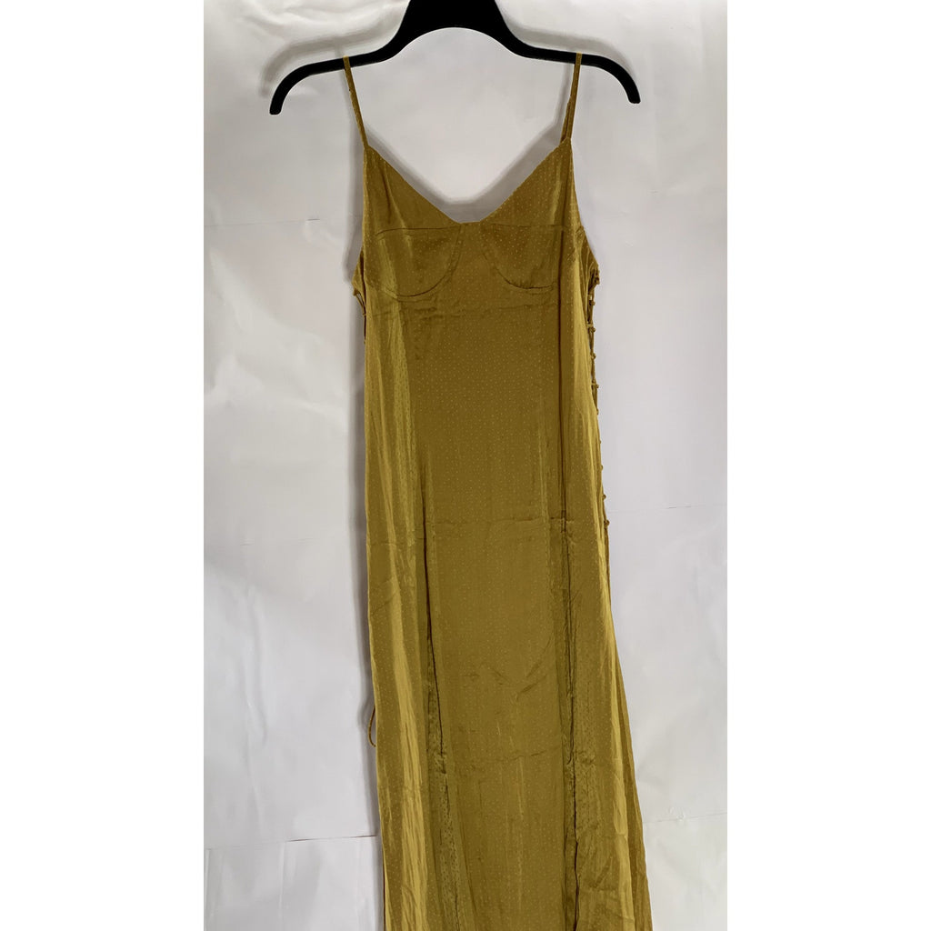 SIMPLE RETRO Women's Gold Micro Dot Print V-Neck Side Slit Midi Dress SZ S