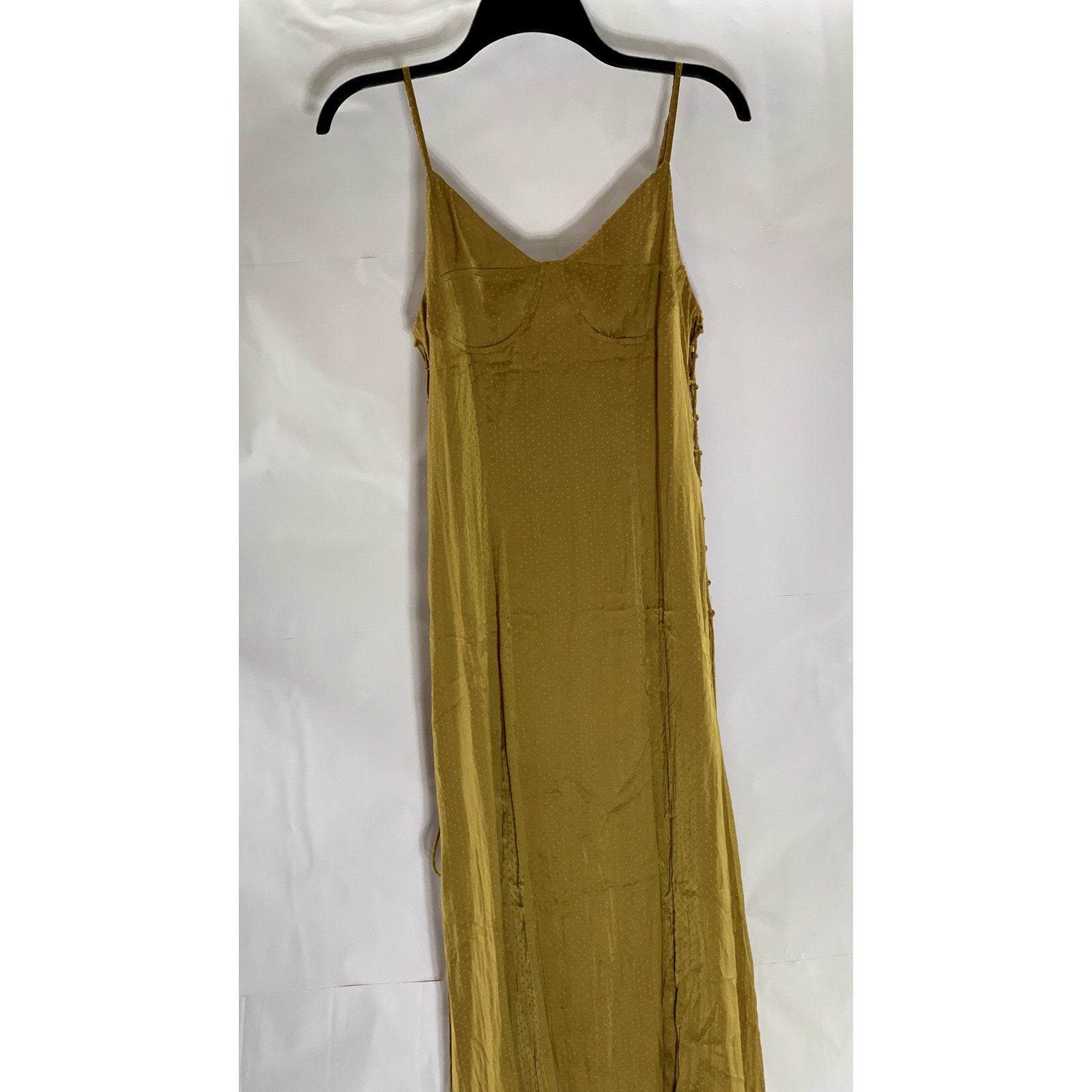 SIMPLE RETRO Women's Gold Micro Dot Print V-Neck Side Slit Midi Dress SZ S