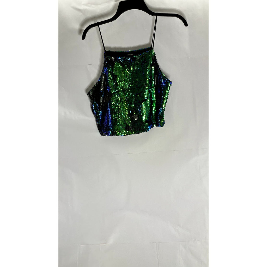 FORVEER 21 Women's Green Straight-Neck Sequin Embellished Crop Tank Top SZ S