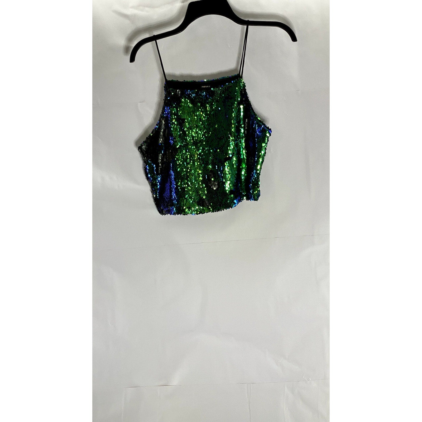 FORVEER 21 Women's Green Straight-Neck Sequin Embellished Crop Tank Top SZ S