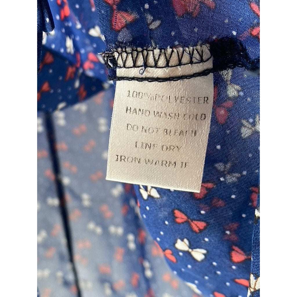 COTTON CANDY Women's Blue Mini Bow Print Button-Up Long Sleeve Sheer Top SZ M