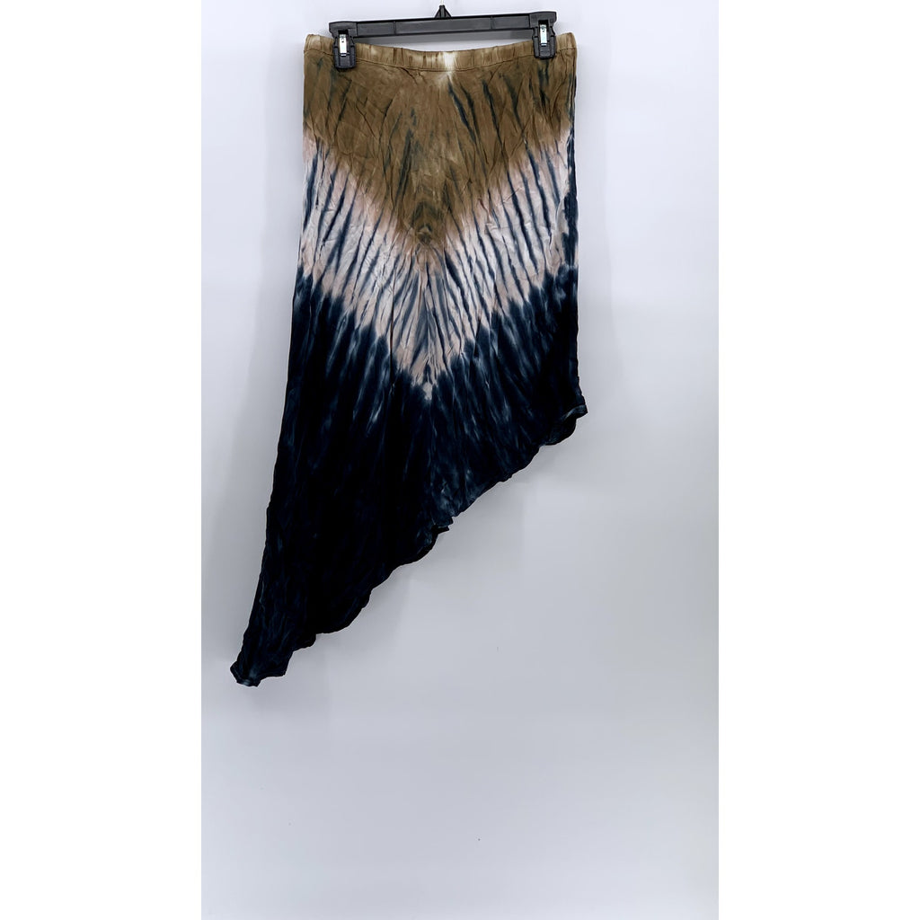 YOUNG FABULOUS & BROKE Women's Blue-Tan Tie-Dye Asymmetrical Midi Skirt SZ M
