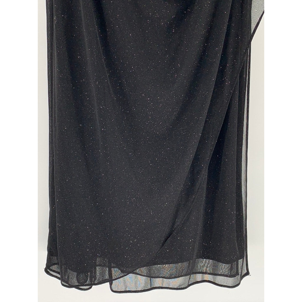 ALEX EVENINGS Women's Petite Black Shimmer Cold-Shoulder Draped Dress SZ 14P