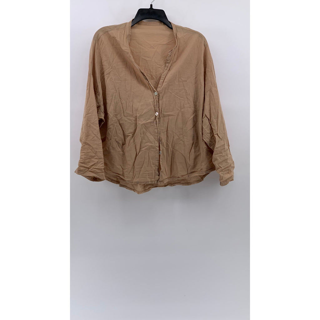 UNBRANDED Women's Tan Button-Up Long Sleeve Collarless Top SZ L