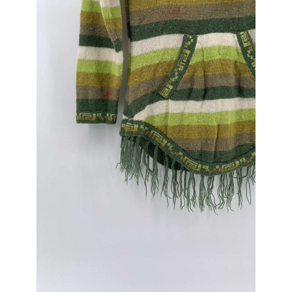 UNBRANDED Women's Green-Brown Printed Knit Hooded Fringe Hem Sweater SZ S