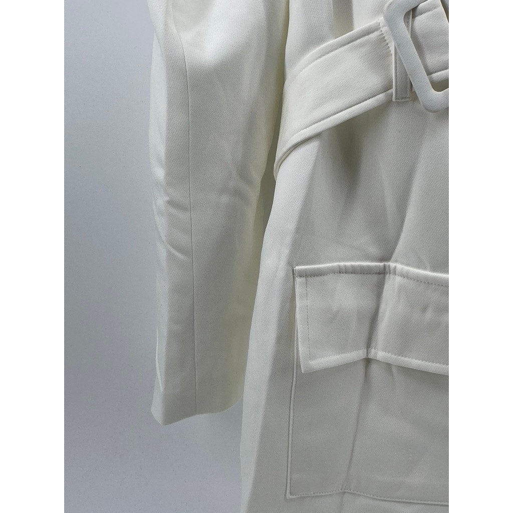 LIONESS Women's White Button-Up Long Sleeve Notch Collar Belted Mini Blazer SZ M