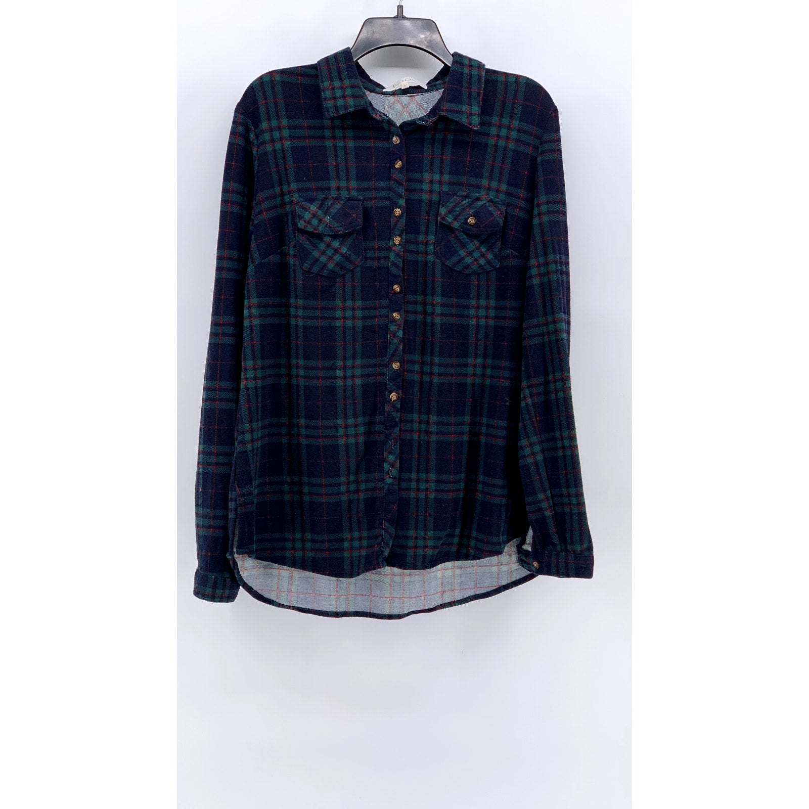 EDEN & OLIVIA Women's Navy-Green Plaid Button-Up Long Sleeve Top SZ L