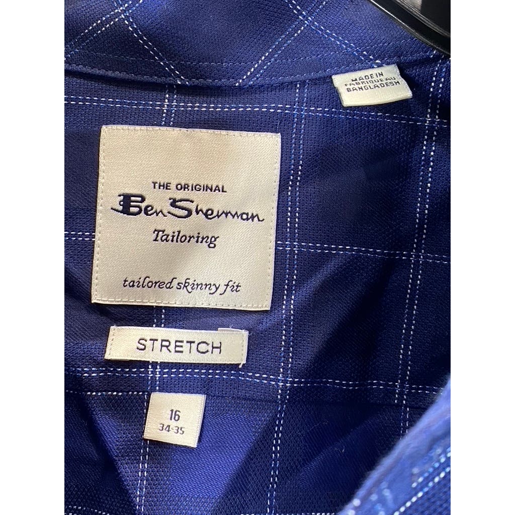 BEN SHERMAN Men's Navy Dobby Windowpane Stretch Skinny-Fit Dress Shirt SZ 16