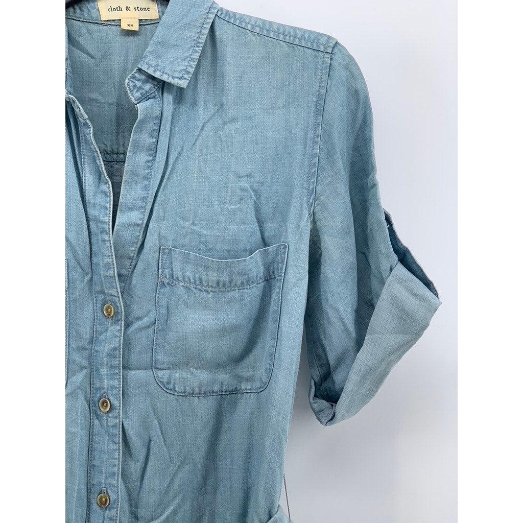 CLOTH & STONE Women's Blue Button-Up Knee Length Belted Dress SZ XS