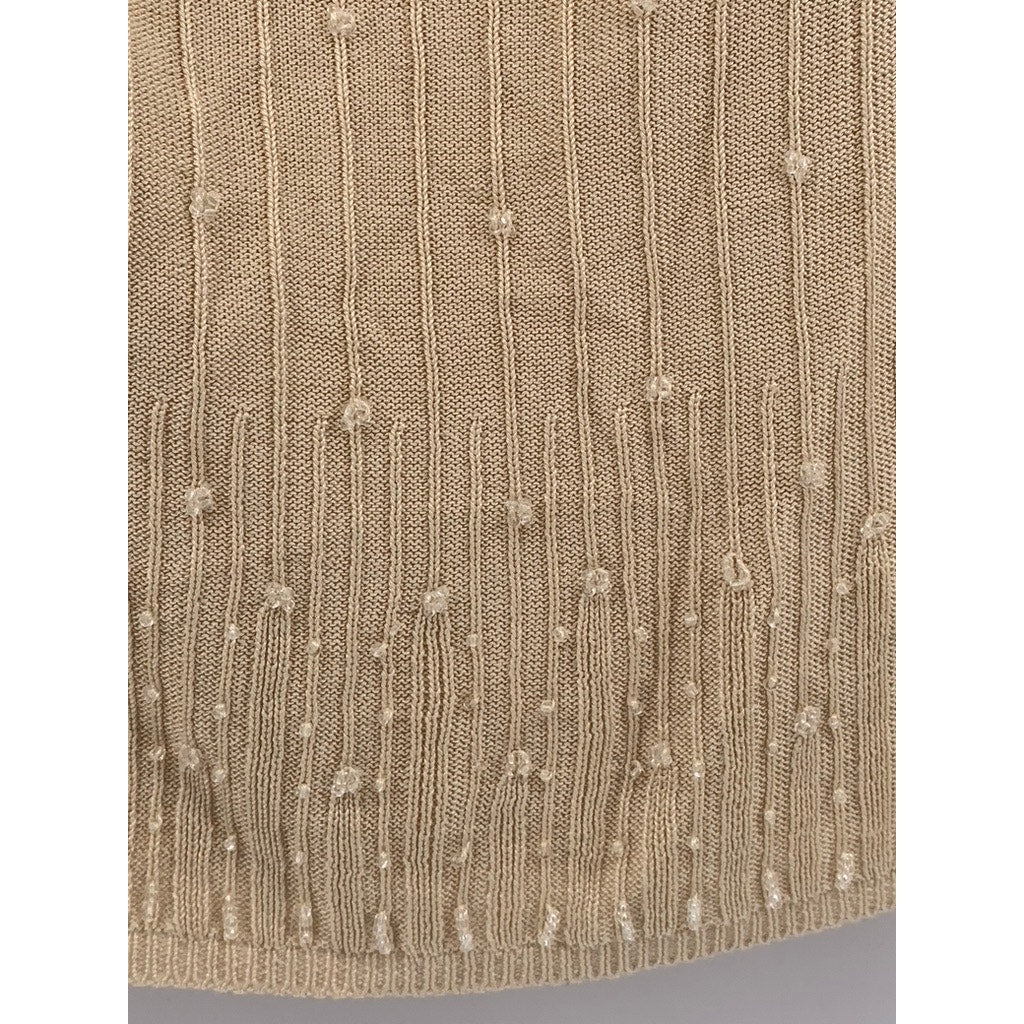LAUNDRY By Shelli Segal Women's Beige Beaded Scoop-Neck Short Sleeve Top SZ L