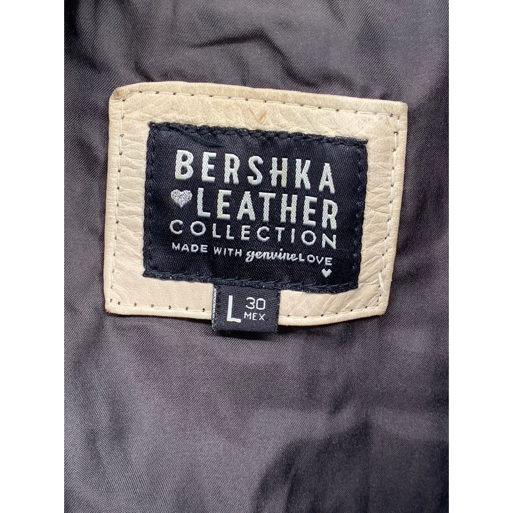 BERSHKA Women's Tan Cow Leather Zip-Up Buckle-Neck Long Sleeve Jacket SZ L